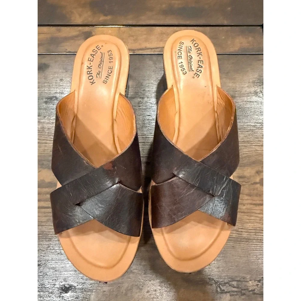 Kork-Ease Platform Wedge Sandals Womens 10 Brown Leather Crisscross Boho Retro